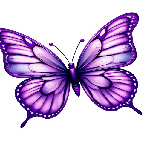 Create an illustration of a vibrant butterfly with intricate purple wings featuring various shades and patterns. The butterfly should be symmetrical, with a glossy appearance and delicate details, set against a clean, white background.