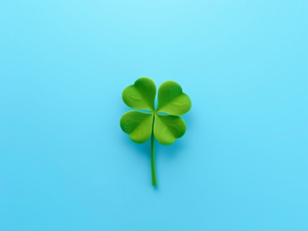 Create a realistic 3D rendering of a four-leaf clover on a smooth blue gradient background, using a Canon EOS R5 with a 50mm f/1.2 lens at f/2.8, ISO 100, and a slight vignette effect for emphasis.