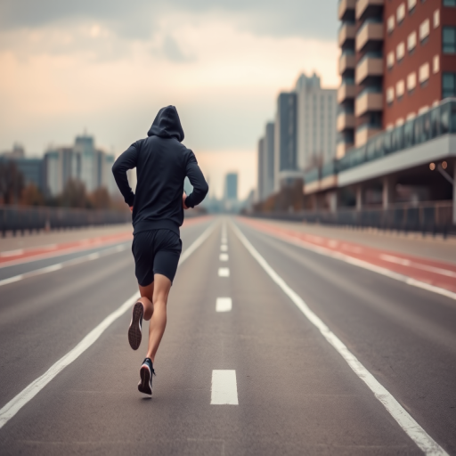A runner in a black hoodie and shorts runs along an empty runway in an urban setting, captured with a DSLR camera at f/2.8, 50mm lens, ISO 100, with a wide-angle view and soft focus background to enhance image quality.