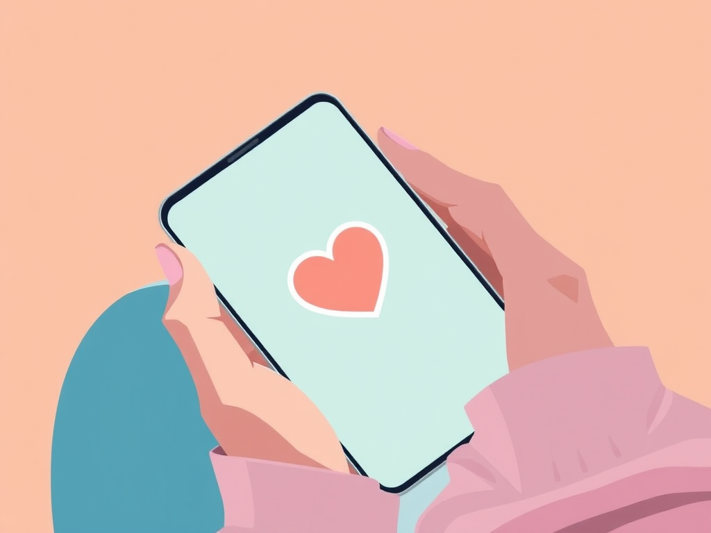 Create an illustration of a person using a smartphone with a heart symbol on the screen, in a minimalist style, soft pastel colors, high resolution, 50mm lens, f/2.8 aperture, bright natural lighting, and top-down view.