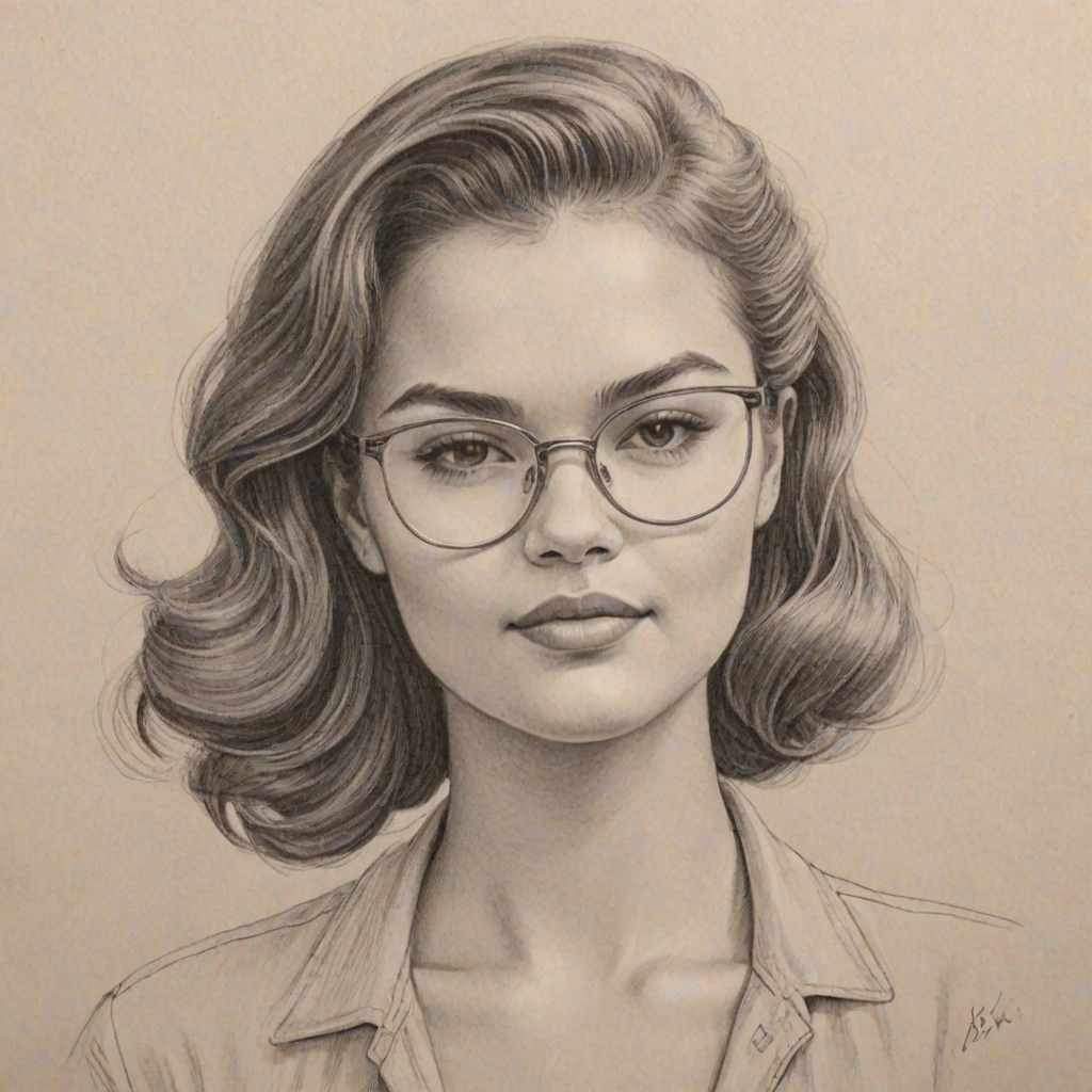 Sublime Paris Berelc, pencil sketch, portrait of Elegant woman 1948s in glasses, hair style beatnik, outline, clear lines, fine lines, 8k