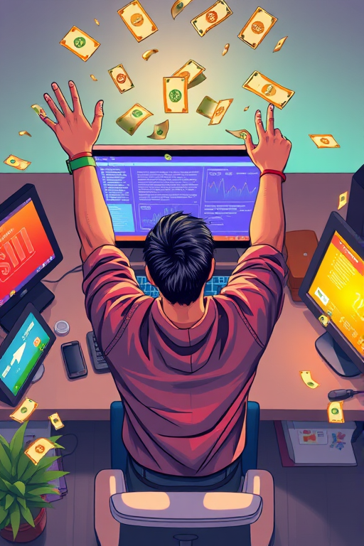 Create a detailed digital illustration of a person celebrating in front of a computer screen, with money flying around, using a top-down view, high-resolution 4K, soft lighting, and a clean modern style, with a focus on vibrant colors and clear lines.