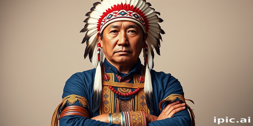 Create a dignified portrait of a Native American man dressed in traditional attire. He wears a beautifully crafted headdress adorned with white feathers and red beads, along with a beaded headband featuring intricate patterns. His clothing includes a deep blue, patterned shirt and a traditional chest piece with detailed beadwork. His arms are crossed, displaying leather armbands decorated with feathers. The background is simple and neutral, emphasizing his proud and stoic expression. The overall image captures the rich cultural heritage and strength of his persona.