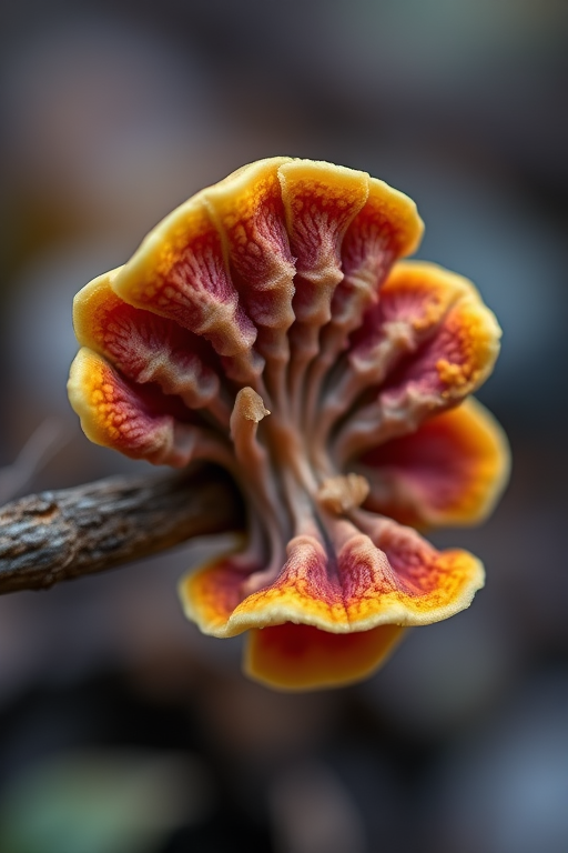 Capture a close-up image of a unique fungus specimen on a stick with vibrant colors, using a DSLR camera, 50mm lens, f/2.8 aperture, ISO 100, and a shutter speed of 1/200s.