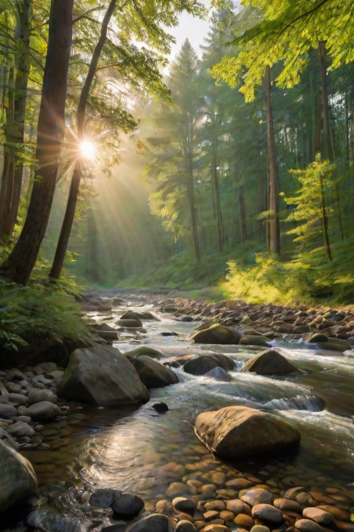 Create an image of a serene, sunlit forest scene with a clear, gently flowing river. Tall trees with lush green foliage line both sides of the river, their leaves bathed in the warm golden light of the setting or rising sun. The sunlight filters through the trees, casting soft, dappled light on the river, which flows over smooth rocks and pebbles, creating a peaceful, natural atmosphere. The sky is bright with a few scattered clouds, and the overall mood is tranquil, evoking a deep sense of connection with nature. The image captures the beauty of a calm, pristine forest landscape at either dawn or dusk.