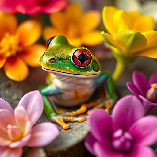 Create a highly detailed image of a colorful frog surrounded by ornamental flowers and leaves, captured with a Canon EOS R5 at f/2.8, ISO 100, and 1/200 sec, using a macro lens for a close-up view and vibrant colors that enhance the textures and patterns.