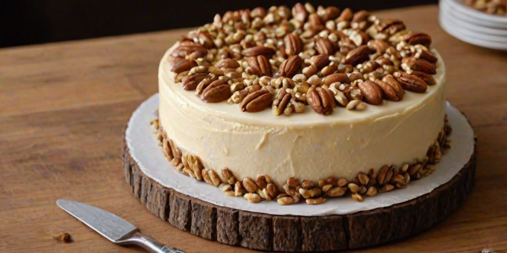 Create an image of a round cake with a smooth, creamy frosting on top. The top should be covered with a glossy caramel sauce and sprinkled with chopped nuts. The sides of the cake should be decorated with a simple border of swirled frosting and whole nuts arranged neatly along the bottom edge. The background should be a rustic wooden table to enhance the cake's presentation.