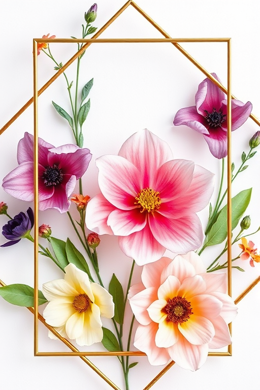 Create a high-resolution image of a delicate watercolor flower arrangement with a geometric gold frame, using a Canon EOS 5D Mark IV with a 50mm f/1.8 lens, aperture set to f/2.8, ISO 100, and natural soft lighting for enhanced detail and color vibrancy.