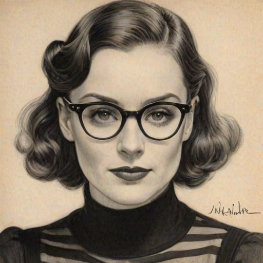 Pleasing Melanie Chisholm, pencil sketch, portrait of Charming woman 1930s in glasses, hair style beatnik, outline, clear lines, fine lines, 8k