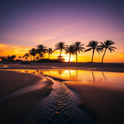 capture a serene beach sunset with a winding stream in the foreground, golden and purple sky reflections on calm water, lush palm trees silhouetted against the horizon, use a Nikon D850 with a 24mm lens, aperture f/11, ISO 100, shutter speed 1/60 seconds, shot in landscape mode for enhanced depth and clarity