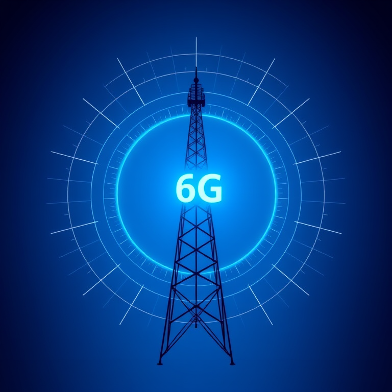 Create a high-resolution graphic of a 6G signal tower surrounded by radiating waves, using a Canon EOS 5D Mark IV with a 24-70mm f/2.8 lens, aperture set to f/8, ISO 100, shot from a central perspective to enhance depth, with a gradient blue background for a modern tech theme.