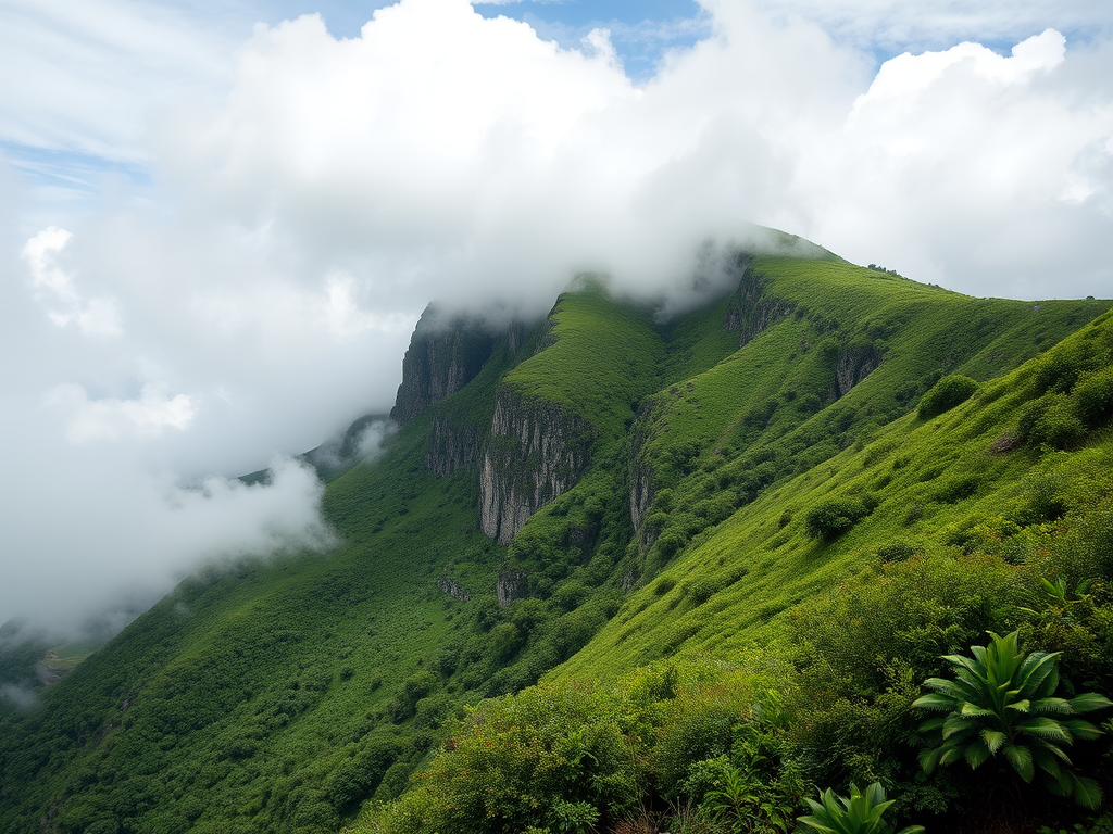 Create a high-resolution landscape image of a mountain ridge with lush green vegetation partially obscured by mist and clouds, shot with a Canon EOS R5 at f/8, ISO 100, 24mm focal length, using a wide-angle lens and natural lighting for enhanced depth and texture.
