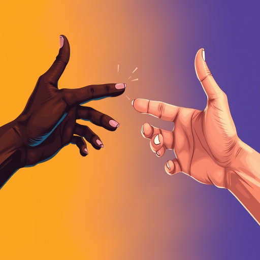 Create a vibrant digital illustration of two hands reaching toward each other, one in dark skin tone and the other in light skin tone, use a high-contrast background, set camera settings to ISO 100, aperture f/8, focal length 50mm, capture from eye level angle, use a mirrorless camera style for high detail.