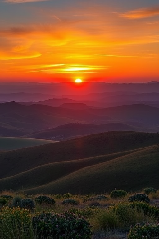Generate a high-resolution image of a scenic landscape with rolling hills and a vibrant sunset, camera settings: ISO 100, aperture f/8, shutter speed 1/250s, camera view: wide-angle, camera style: landscape photography, camera type: DSLR.