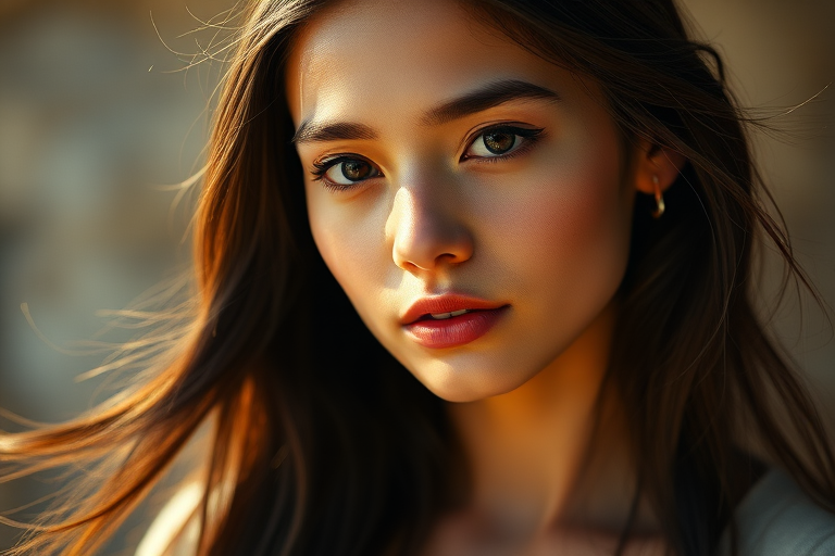 Portrait of a young woman with long, flowing dark hair and soft features, dressed in a light-colored garment, illuminated by warm, soft light in a serene setting, ISO 100, f/1.8, 50mm lens, natural light, DSLR camera, focus on facial details and smooth skin texture.