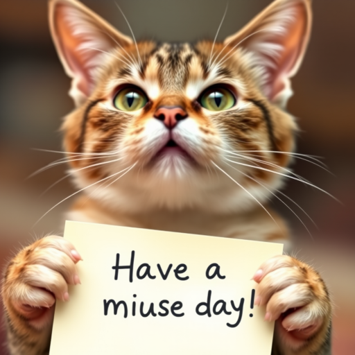cat holding a note which says "Have a mice day!"