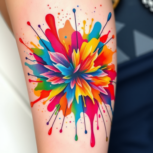 Watercolor splash tattoo called "Chromatic Explosion" featuring a burst of vibrant rainbow hues blending and bleeding together in a dynamic abstract pattern