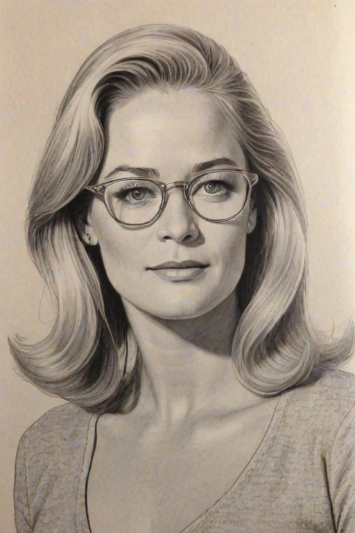 Splendid Cybill Shepherd, pencil sketch, portrait of Dazzling woman 1966s in glasses, hair style beatnik, outline, clear lines, fine lines, 8k