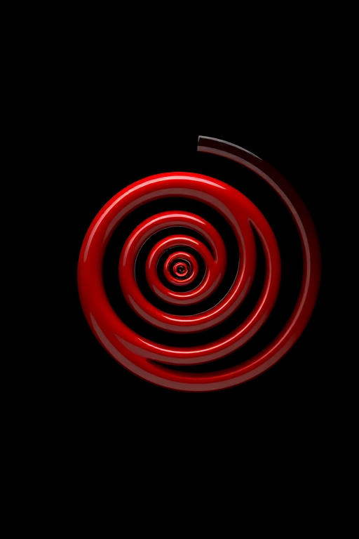 Create a high-resolution digital image of a red spiraling pattern on a black background using a macro lens at f/2.8, ISO 100, with a 1/200s shutter speed, capturing a top-down view in a glossy, abstract style.