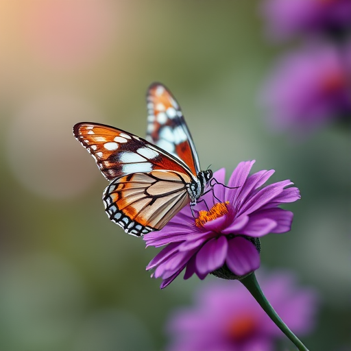Generate an image of a butterfly resting on a vibrant purple flower. The background should be softly blurred, creating a dreamy atmosphere, with gentle bokeh effects. The butterfly should display intricate patterns and colors, adding to the beauty of the scene.