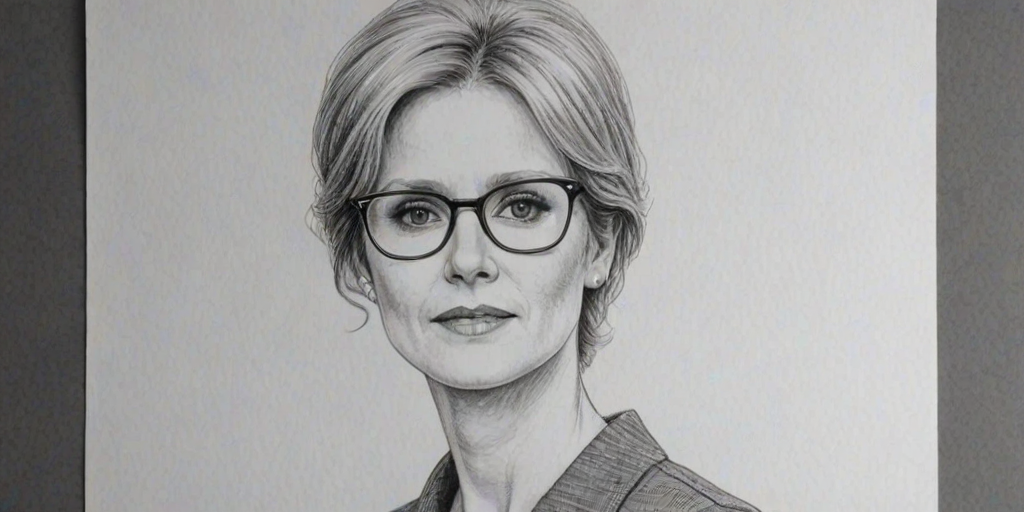 Dazzling Cynthia Nixon, pencil sketch, portrait of Fetching woman 1978s in glasses, hair style beatnik, outline, clear lines, fine lines, 8k