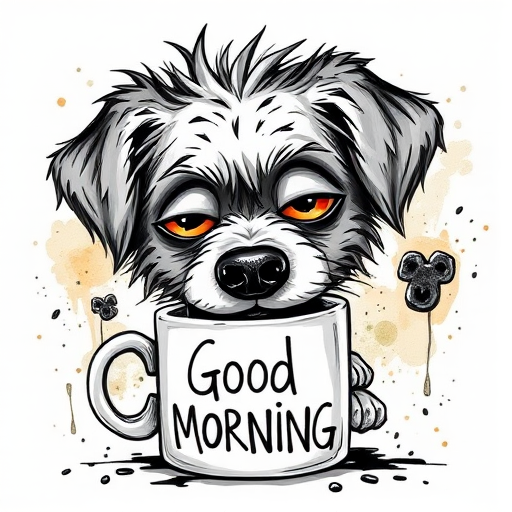 A quirky, artistic illustration of a disheveled [DOG BREED] with exaggerated, large eyes and spiky fur, holding a coffee mug that reads Good Morning.  The dog has a tired but humorous expression, with ink splatters and abstract details surrounding it, giving a whimsical feel to the image. The color palette is mostly monochrome with hints of [COLOR] in the eyes and steam rising from the mug, enhancing the overall sleepy vibe