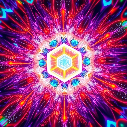 Generate a vibrant abstract fractal image featuring a central glowing cube surrounded by luminous shards and dynamic light trails, captured with a DSLR camera at f/8, 1/60 sec shutter speed, ISO 100, using a wide-angle lens from a low angle perspective to emphasize depth and clarity.
