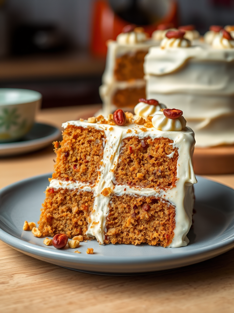 A delicious slice of layered carrot cake with cream cheese frosting on a gray plate, garnished with crushed nuts and dried fruits, with a blurred background of more cake and a vibrant kitchen setting.
