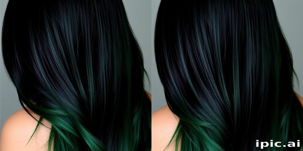 Jet black hair with vibrant emerald green underlights styled in sleek, pin-straight locks showcases the mysterious "Enchanted Forest" look, featuring a glass-like shine and subtle forest green highlights that peek through when the hair moves, creating an alluring and magical appearance