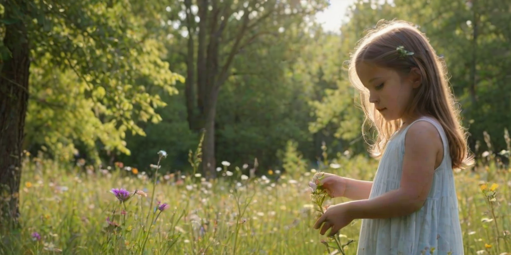 Softly focused photo of a young girl picking flowers in a sun-drenched meadow, soft light filtering through the surrounding trees, with distant wildflowers swaying gently in the breeze.