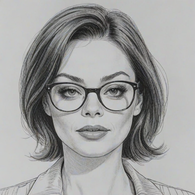 Ravishing Rose McGowan, pencil sketch, portrait of Enticing woman 1964s in glasses, hair style beatnik, outline, clear lines, fine lines, 8k