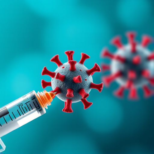 Create a detailed and high-resolution illustration of a vaccine syringe injecting a virus particle, focusing on the virus with vibrant red spikes, set against a soft bokeh background of teal and blue, using a Canon EOS 5D Mark IV with a 50mm f/1.8 lens at f/2.8, ISO 200, and a shallow depth of field to enhance the visual impact and clarity.