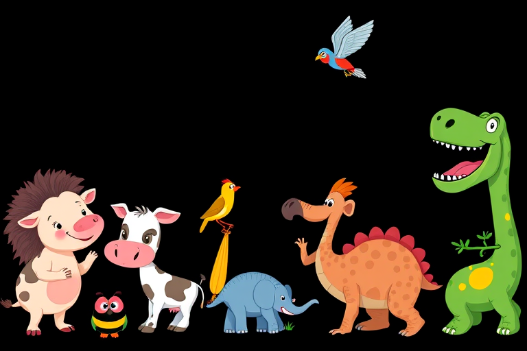 A vibrant illustration of various cartoon animals including a hedgehog, cow, bird, bee, elephant, and dinosaur against a solid black background, captured with a Canon EOS 5D Mark IV, 50mm lens, f/4 aperture, ISO 100, and natural lighting for enhanced color saturation and sharpness.