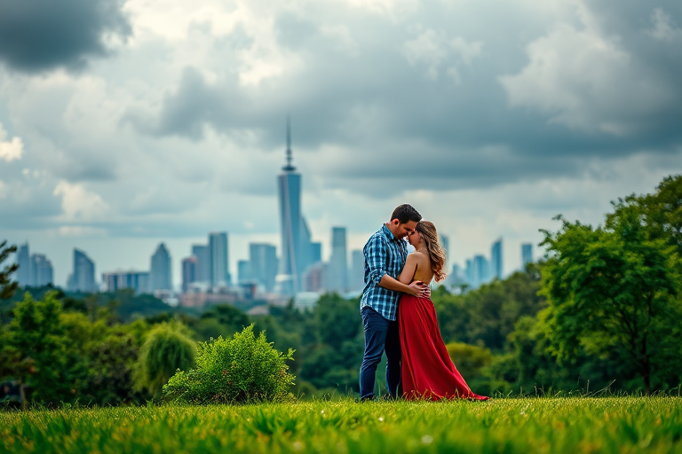 Create a high-resolution digital artwork of a couple embracing in a lush green park with a futuristic city skyline in the background, soft focus with vibrant colors, shot at f/2.8, ISO 100, and 1/250 sec, using a full-frame DSLR with a wide-angle lens from a low angle, emphasizing the dramatic clouds above.