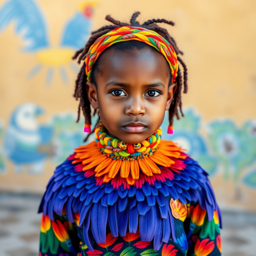 A beautiful Cape Verdean girl, wearing colorful bird clothing with vibrant colors