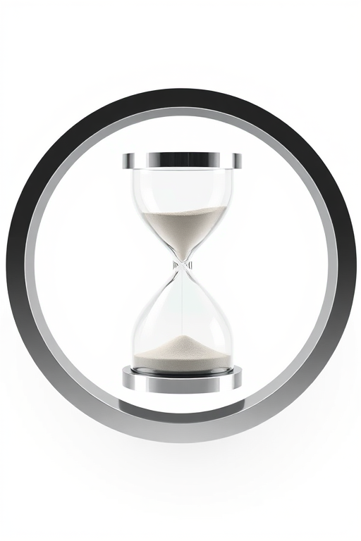 Create a high-resolution 3D rendering of a sleek hourglass icon within a circular frame, using a Canon EOS R5 camera with a 50mm f/1.2 lens, ISO 100, aperture set to f/8, and a clean white background to enhance lighting and reflections.
