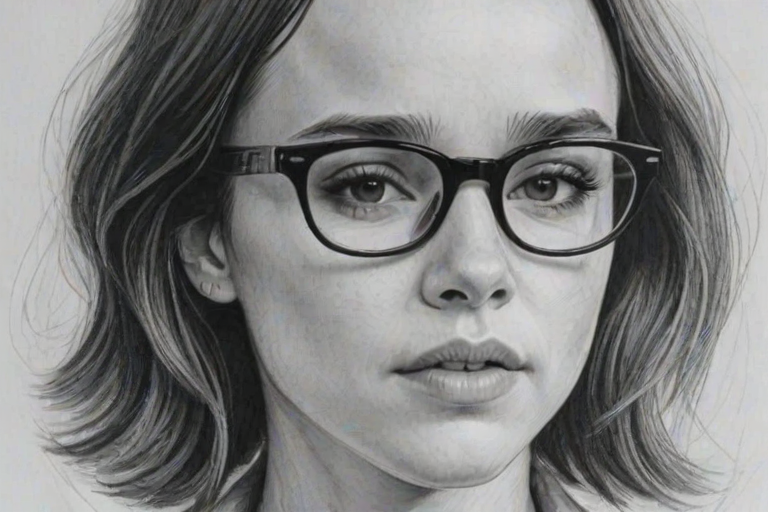 Exquisite Ellen Page, pencil sketch, portrait of Superb woman 1961s in glasses, hair style beatnik, outline, clear lines, fine lines, 8k
