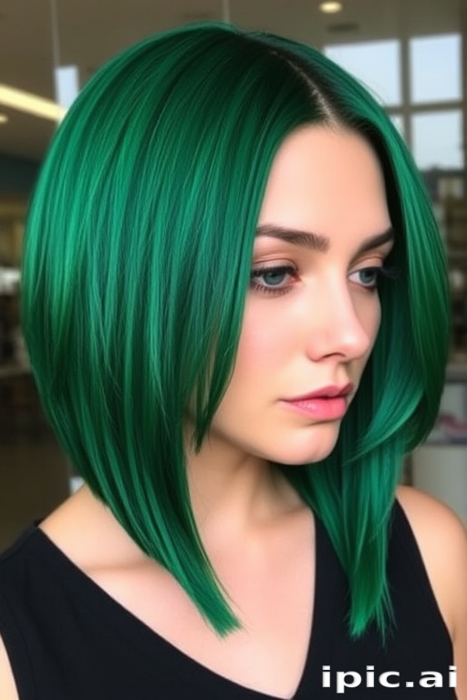Richly pigmented emerald green tresses styled in a sleek, chin-length bob dubbed "Enchanted Forest," showcase a razor-sharp precision cut with blunt ends, featuring a glossy finish that reflects light beautifully, creating an eye-catching and sophisticated appearance