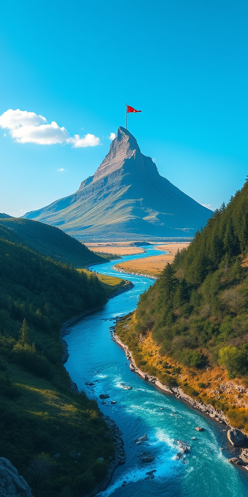Create an image of a winding river leading up a stylized mountain with a flag at the peak, featuring a bright blue sky with a few clouds, using a high-resolution digital art style, shot with a Canon EOS R5 at f/8, ISO 100, 24mm lens, capturing a panoramic view.