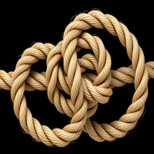 Create an illustration of an intricate knot made of twisted rope, using a DSLR camera with a 50mm lens, aperture f/2.8, ISO 200, shot from a top-down view to capture the texture and depth of the rope, ensuring vibrant colors and sharp details.