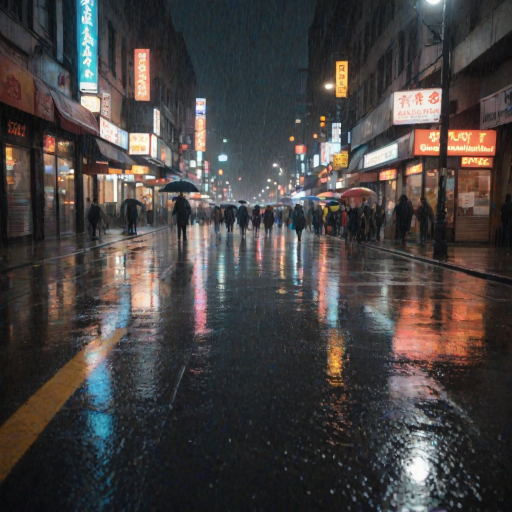 Blurry, rain-soaked photo of a city street, puddles reflecting neon signs, pedestrians with umbrellas rushing by, a street vendor huddled under an awning, distant headlights cutting through the rain, the smell of wet pavement and the soft patter of raindrops on windows.