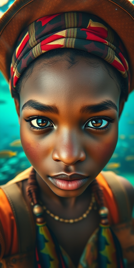 Realistic selfie image of a Oromo, wearing a vintage outfit, detailed dreamy eyes, droopy hooded eyes, staring at the camera, taken underwater at coral reef with a sunbeam filtering through the water, vibrant, summer vacation, natural lighting, turtle and school of tropical fish with vibrant colors, rendered in the style of CryEngine, Pegi Nicol MacLeod, with realistic genre scenes, hauntingly beautiful narratives, ultra-realism, and Thomas Saliot's close-up technique, 8K resolution, crystal clear and sparkling water.