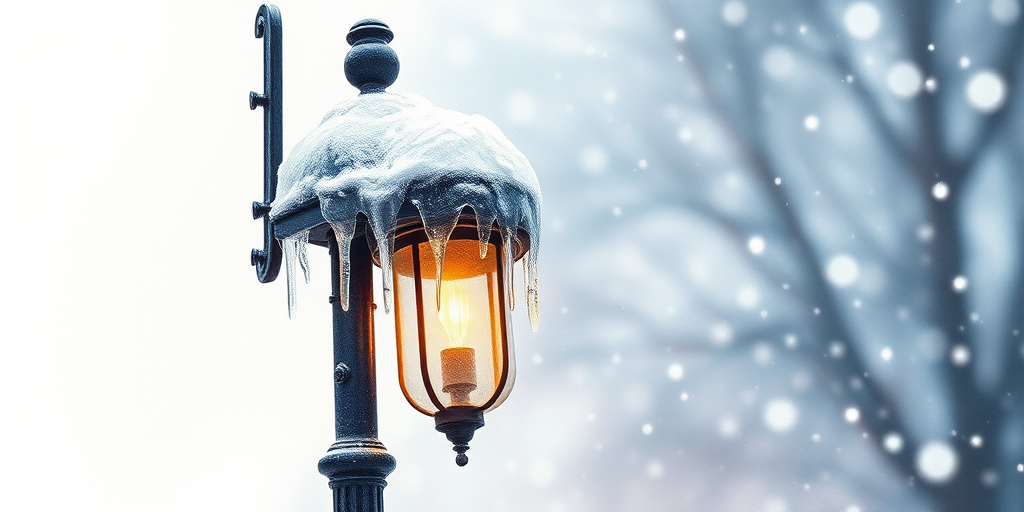 watercolor illustration of a street lamp with melting ice on top, soft lighting, snowflakes in the background, shot with a Canon EOS R5, aperture f/4, shutter speed 1/125, ISO 200, focus on lamp with a shallow depth of field, natural light for a warm glow effect