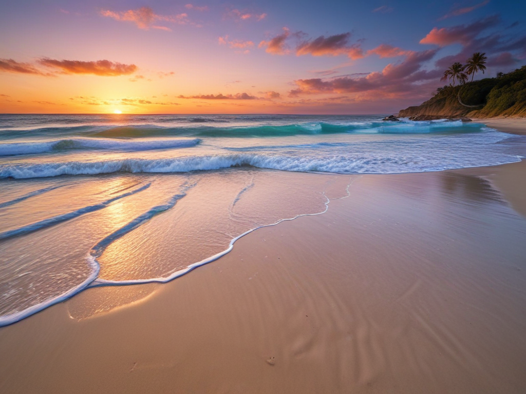 Serene Sunset Over Tranquil Beach with Gentle Waves and Palm Trees