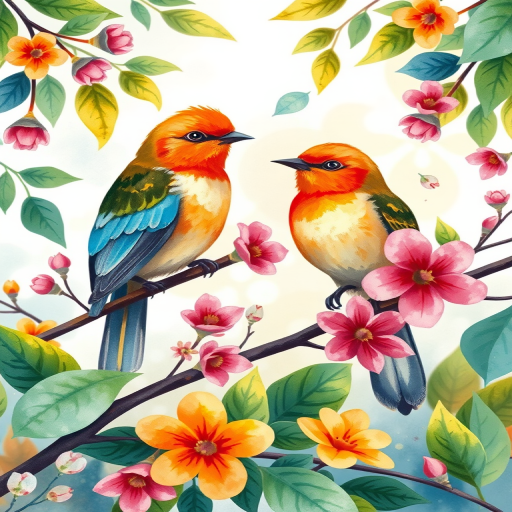 Create a vibrant and colorful illustration of stylized birds perched on branches surrounded by watercolor leaves and flowers, with a soft focus effect, using a high-resolution digital camera at f/2.8 aperture, 50mm lens, shot in natural light.