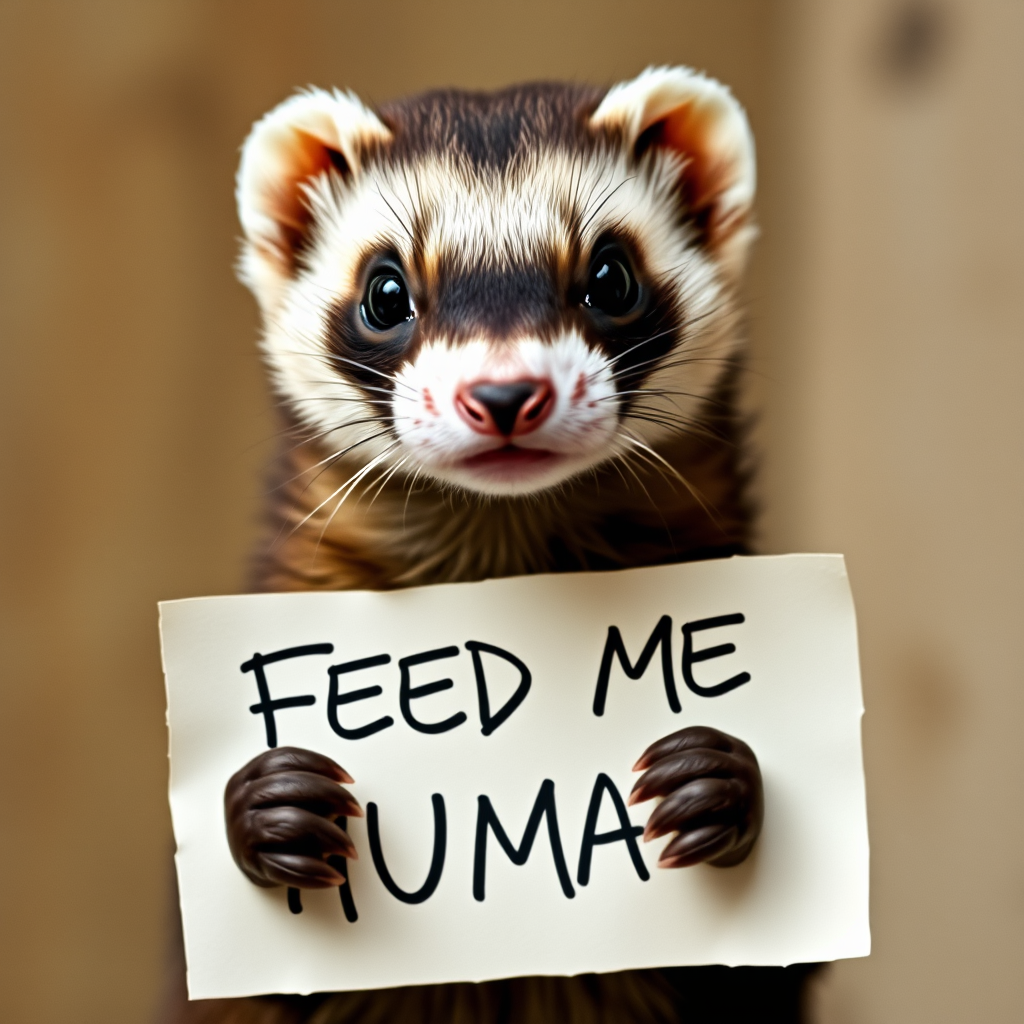 Ferret holding a note which says "FEED ME HUMAN"
