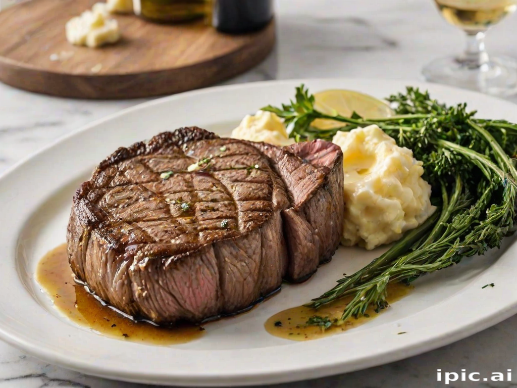 Create an image of a perfectly seared ribeye steak, resting on a white plate with a pat of melting butter on top. The steak is seasoned with fresh herbs like thyme and parsley, with glistening juices highlighting the texture of the meat. The background features a soft focus on a light, marble countertop, with a small dish of butter and an olive oil bottle in the distance. The overall mood should be warm and inviting, capturing the deliciousness and juiciness of the steak.