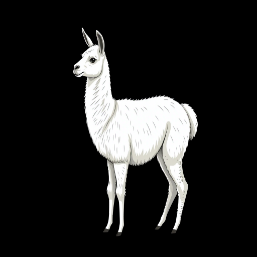Create a high-resolution illustration of a llama standing gracefully, with a plain black background, using a digital camera at f/5.6 aperture, 1/200 sec shutter speed, ISO 100, in portrait view, employing a vector art style to enhance clarity and detail.