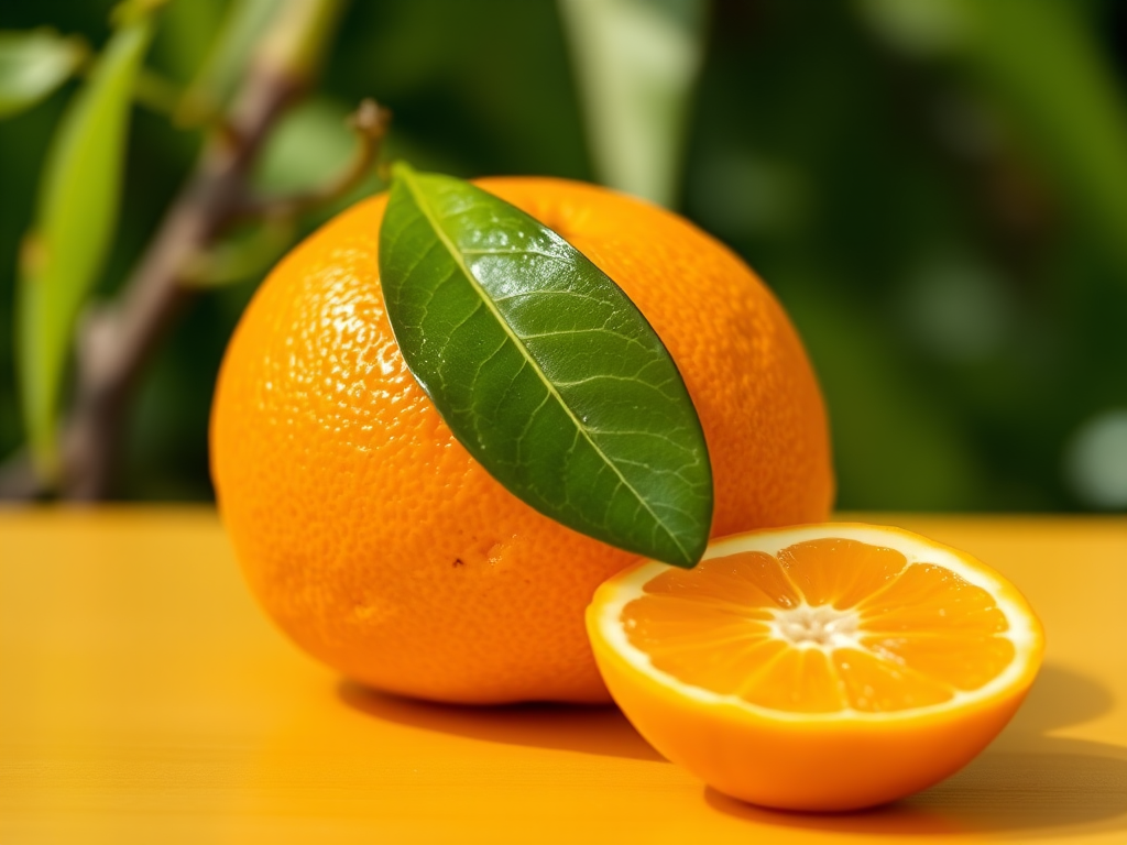 Create an image of a fresh orange with a leaf beside a halved orange, using a Canon EOS 5D Mark IV camera, 50mm lens, f/2.8 aperture, 1/125 sec shutter speed, ISO 100, in natural lighting, with a shallow depth of field and a bright, vibrant color palette.
