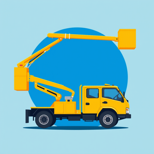 Create a high-resolution illustration of a yellow cherry picker truck with an extended arm and bucket, set against a vibrant blue circular background, captured with a Canon EOS R5 using a 35mm lens at f/8, ISO 100, and a focal length of 35mm, in a flat design style.